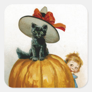 Modische Halloween Kitty Quadratischer Aufkleber