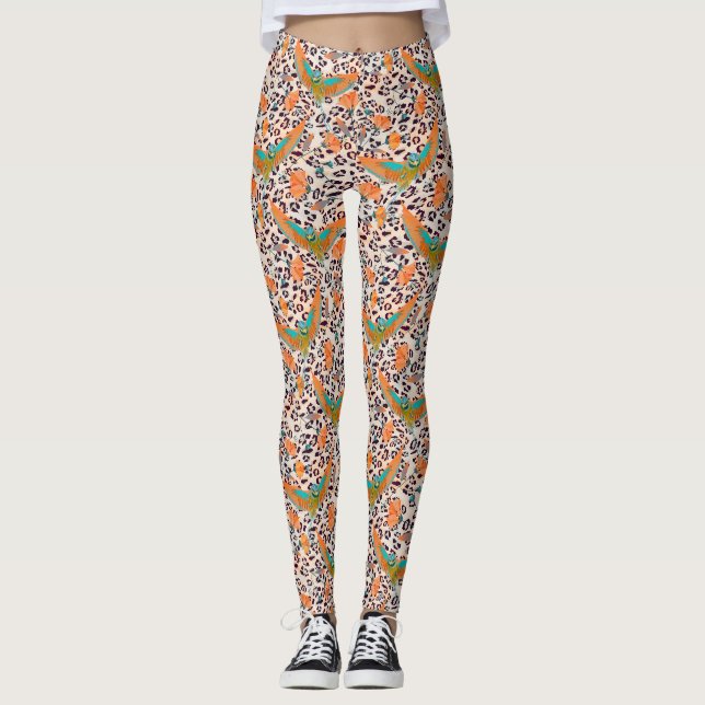 Modische Leopardendrucke, Paradiesvögel Leggings (Vorderseite)