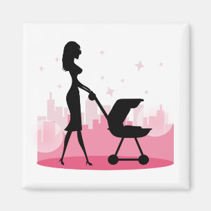 Modische Mommy Pushing Baby Carriage Magnet