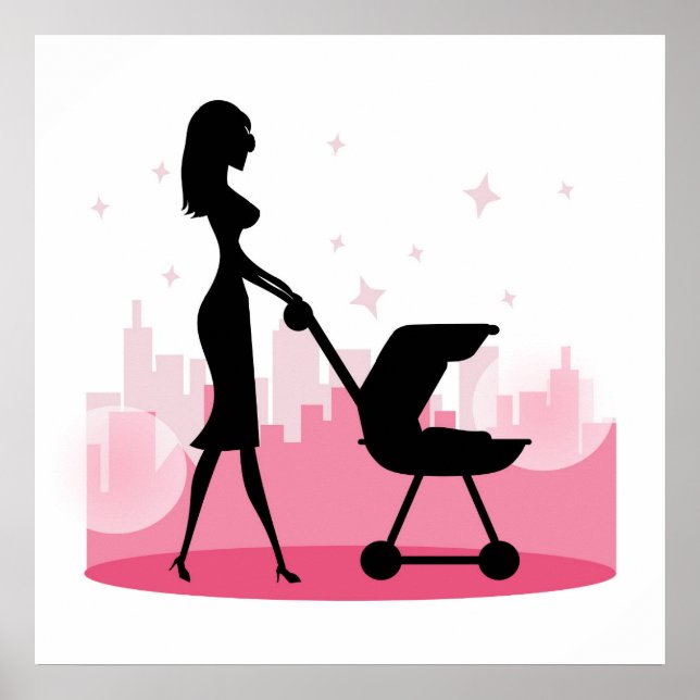 Modische Mommy Pushing Baby Carriage Poster (Vorne)