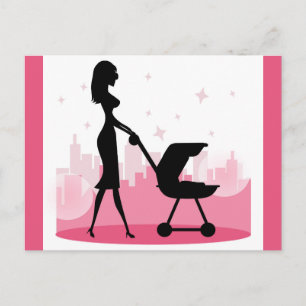 Modische Mommy Pushing Baby Carriage Postkarte