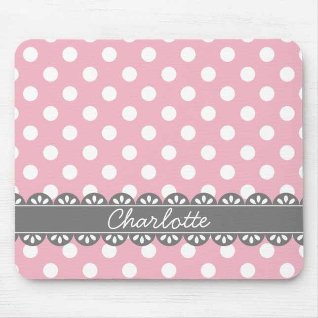 Modische Pink Polka Dots und Gray Lace Mousepad (Vorne)