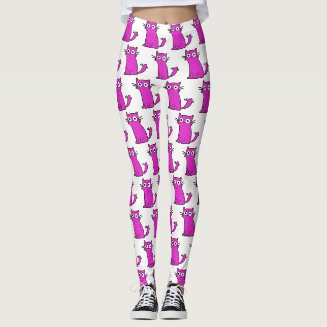 Modische Pink-und weißelustige Katze Leggings (Vorderseite)