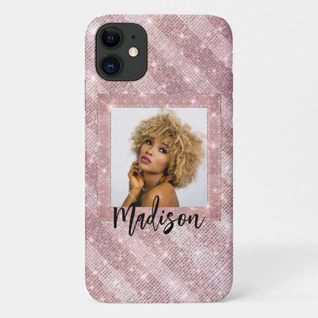 Modische Rose Gold Glitzer Foto Name Stilvoll Case-Mate iPhone Hülle (Rückseite)