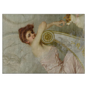 Modische schöne Lady, die ihren Welpen streichelt Schneidebrett