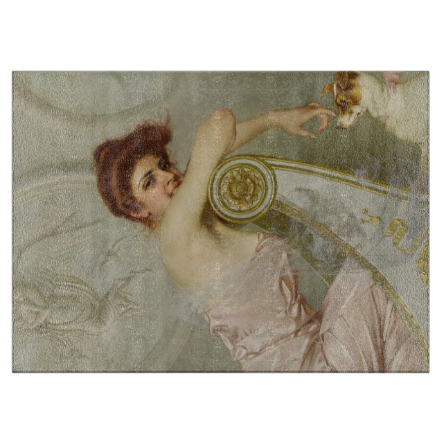 Modische schöne Lady, die ihren Welpen streichelt Schneidebrett (Vorderseite)