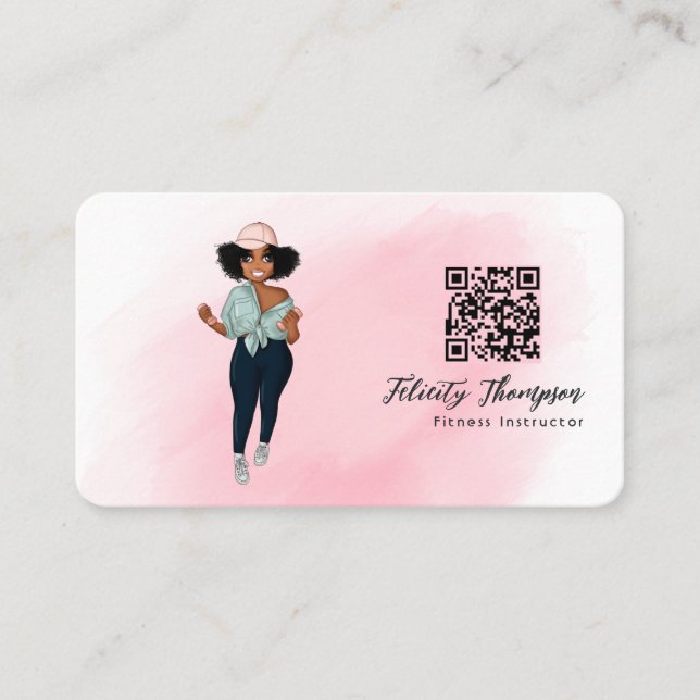 Modischer Afro Fitness Instructor Girl QR Code Visitenkarte (Vorderseite)