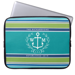 Modischer Monogramm-Anker-Lorbeer-Kranz Stripes Laptopschutzhülle