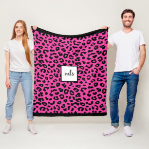 Modischer Pink-Leopard-Tierdruck-Monogramm Fleecedecke