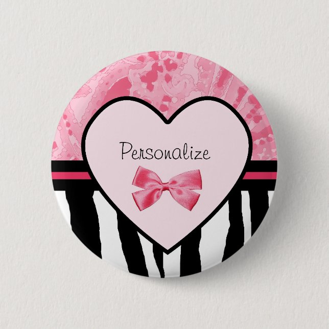 Modischer rosa und schwarzer Zebra-Muster-Bogen Button (Vorderseite)