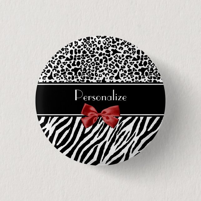 Modischer Schwarzweiss-Leopardzebra-Druck-roter Button (Vorderseite)