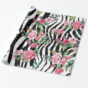 modischer Vintage-Rosen und Zebrastreifen-Muster Geschenkpapier