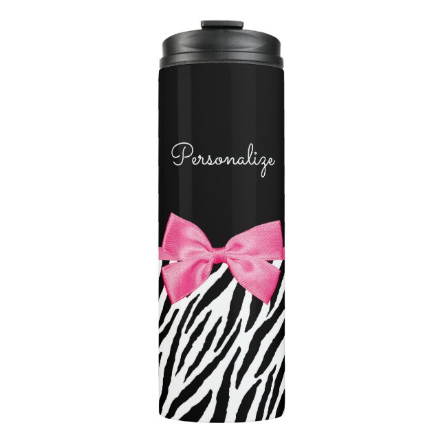 Modischer Zebra-Druck-schicker Pink-Bogen und Name Thermosbecher (Vorderseite)