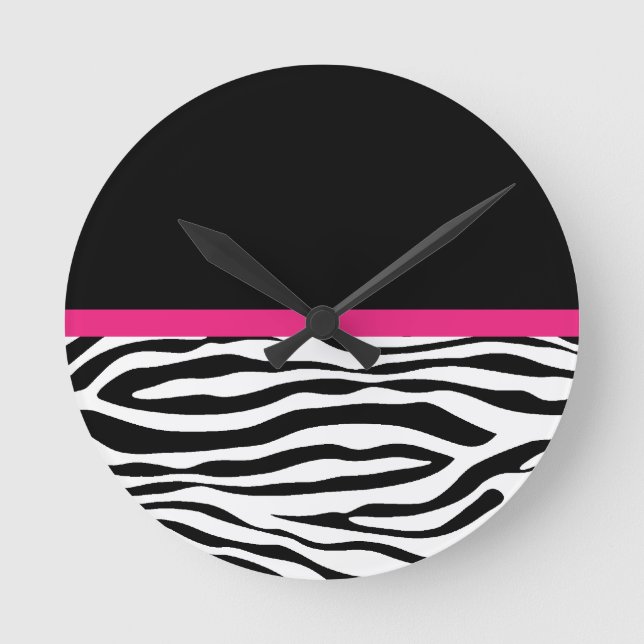 Modischer Zebra-Streifen mit rosa GrenzWanduhr Runde Wanduhr (Vorderseite)