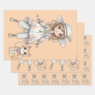 Modisches Mädchen, das mit ihrer Katze spazieren g Geschenkpapier Set