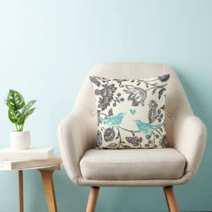 Modisches Mintgrau Vintage Modernes Florales Vogel Kissen