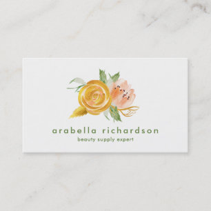 Modisches Pfirsich-und GoldAquarell mit Blumen Visitenkarte