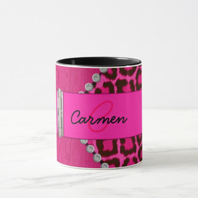 Modisches rosa Leopard-und Scharnier-Monogramm Tasse (Zentrum)