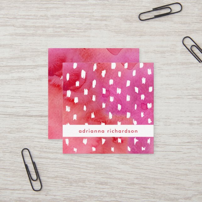 Modisches rosa und rotes Aquarell mit Punkten Quadratische Visitenkarte (Vorderseite/Rückseite Beispiel)