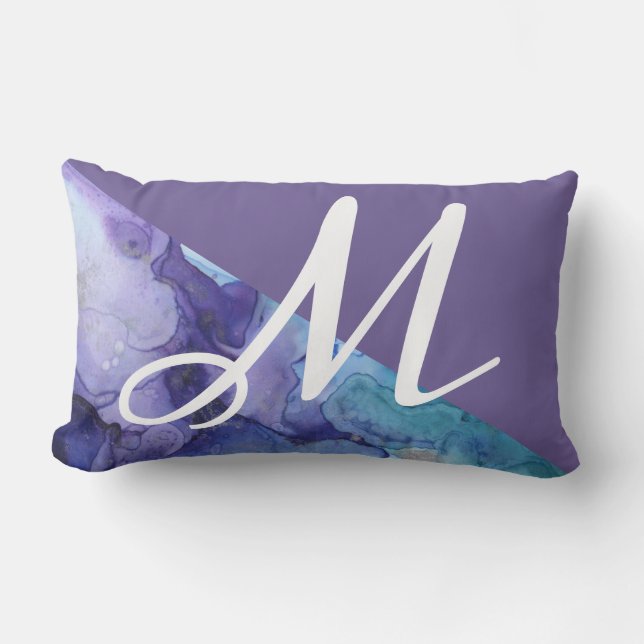 Modisches ultraviolettes Aquarell-Türkis-Monogramm Kissen Für Draußen (Vorderseite)