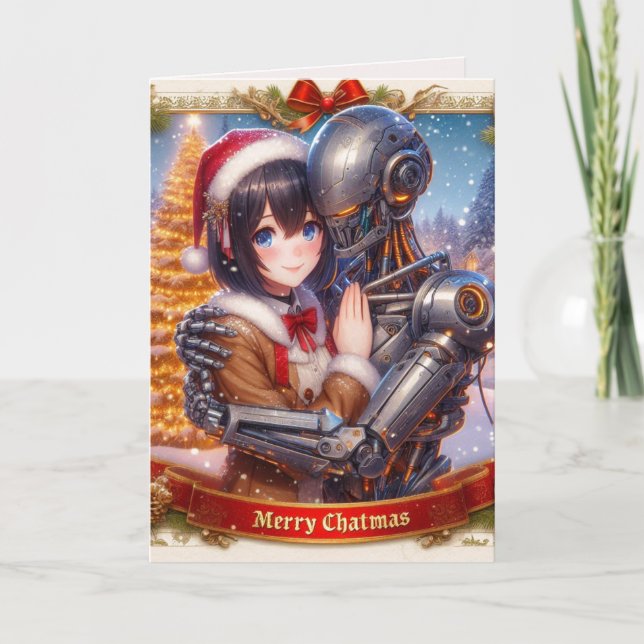 Moe Chatbot Liebe Female + Robot Christmas Feiertagskarte (Vorderseite)