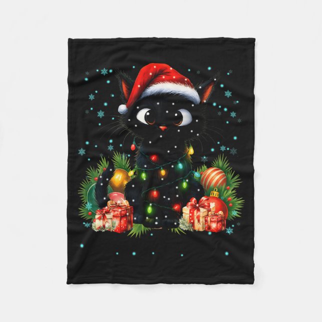 Moewy Christmas Black Cute Cat Santa Hat Xmas Wome Fleecedecke (Vorderseite)