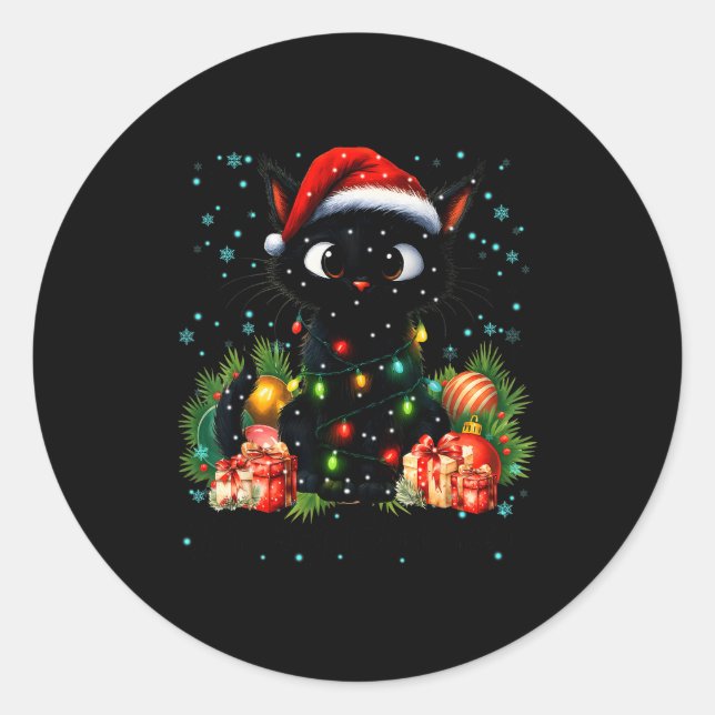 Moewy Christmas Black Cute Cat Santa Hat Xmas Wome Runder Aufkleber (Vorderseite)