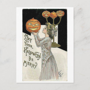 Möge dein Halloween fröhlich sein, Frau und Kürbis Postkarte