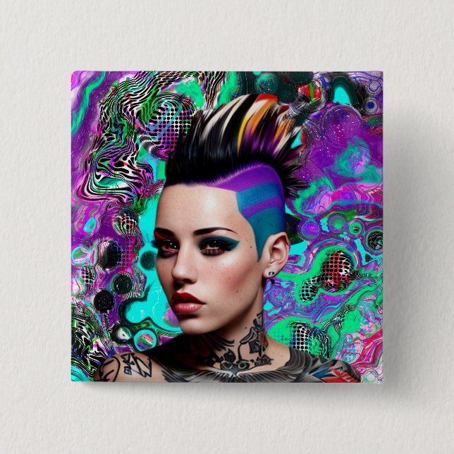 Mohawk Punk Girl Abstrakt Art Button (Vorderseite)