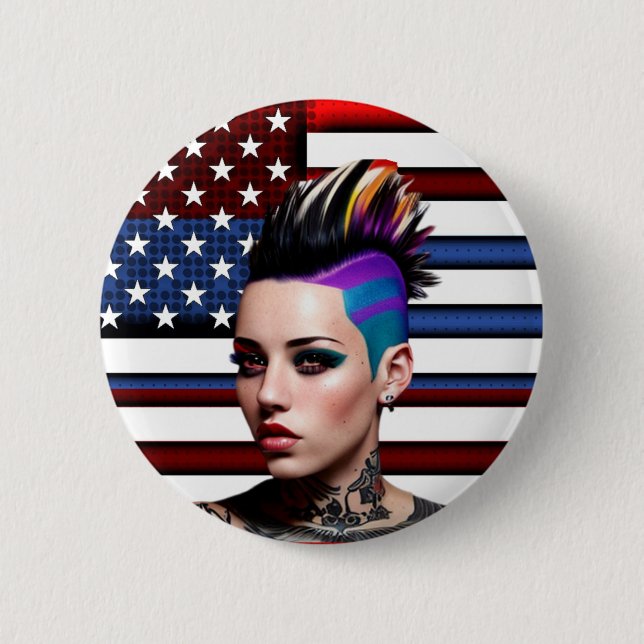 Mohawk Punk Girl mit amerikanischer Flagge Button (Vorderseite)