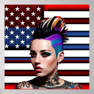Mohawk Punk Girl mit amerikanischer Flagge Poster