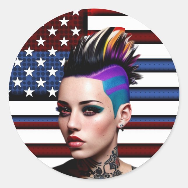 Mohawk Punk Girl mit amerikanischer Flagge Runder Aufkleber (Vorderseite)