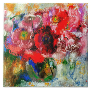 Mohn auf grauem Hintergrund, Florale Malerei Fliese