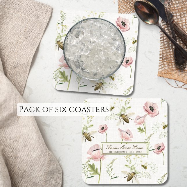Mohn, Bienenzucht, Wildblumen Getränkeuntersetzer (Add a touch of rustic charm to your farmhouse-style home with this delightful pack of coasters.)