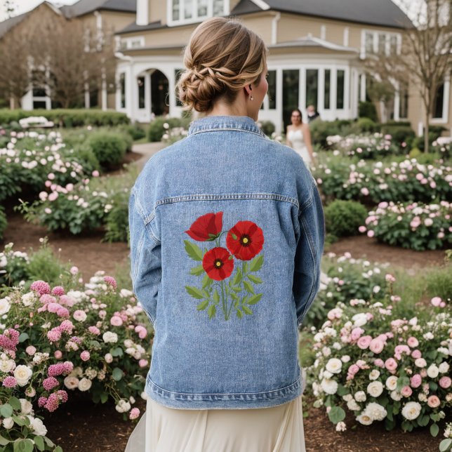 Mohn blüht fröhlich Sommer Blume Jeansjacke (Hochzeit Rückseite)