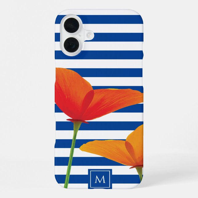 Mohn Chic Blaue Streifen Monogramm iPhone Hülle (Rückseite)
