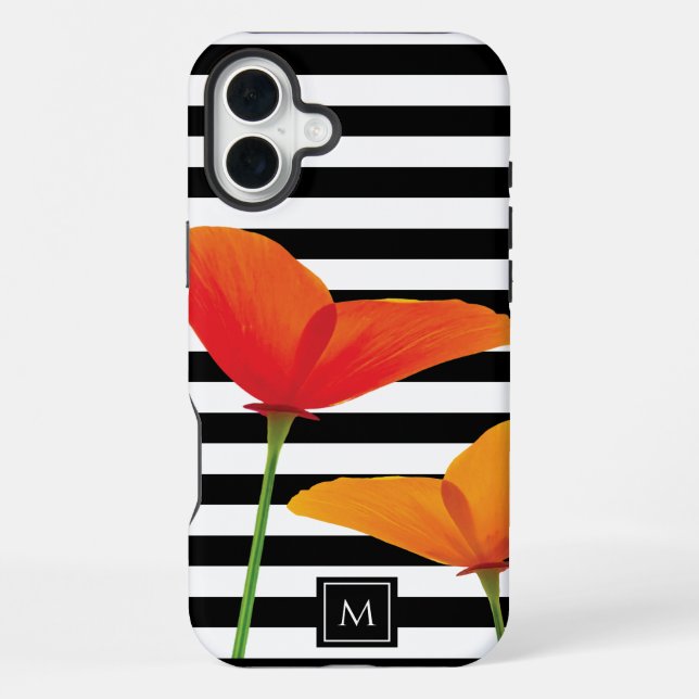 Mohn Chic Schwarz Streifen Monogramm iPhone Hülle (Rückseite)
