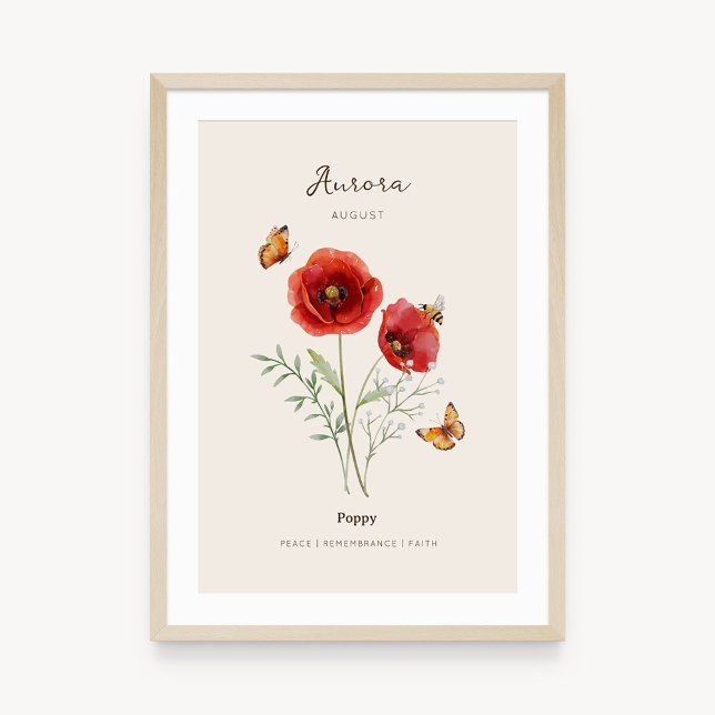 Mohn-Geburtsmonats-Blumenposter Poster (Example of poppy birth flower poster once framed. )