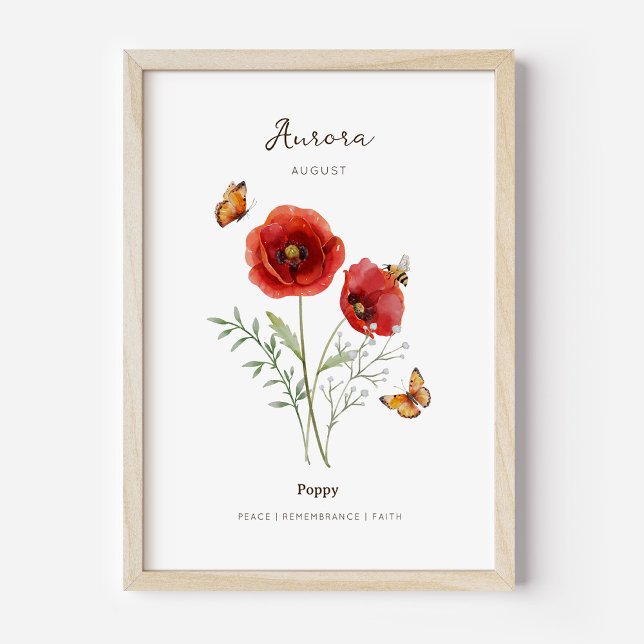 Mohn-Geburtsmonats-Blumenposter Poster (Example of poppy birth flower poster once framed. )