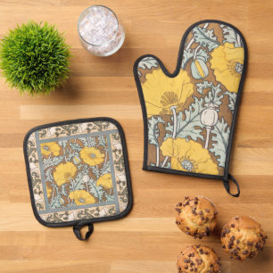 Mohn Kunst Illustration gelbe Blume Ofenhandschuh & Topflappen-Set