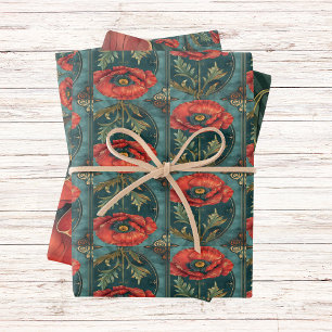 Mohn mit Vintager Art-Deco-Rahmen Geschenkpapier Set