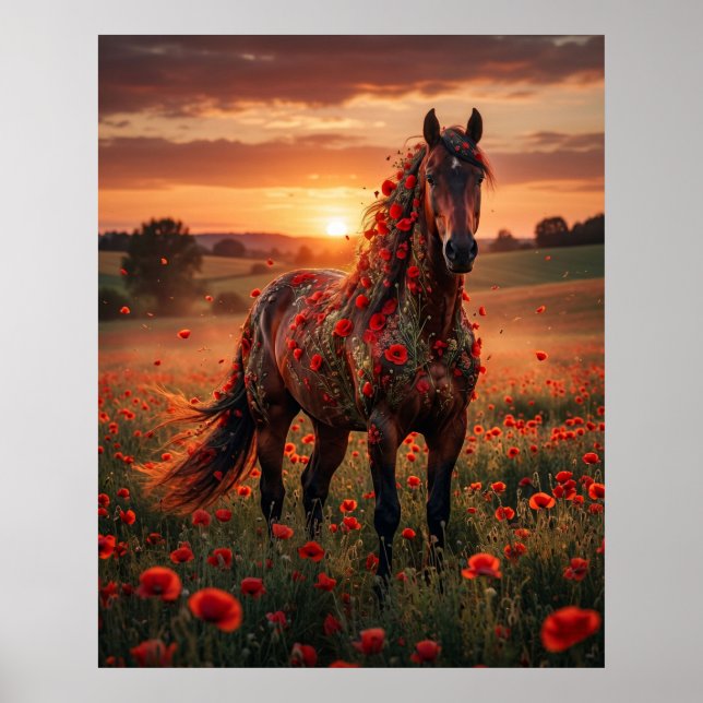Mohn Pferd Sonnenuntergangs Lauf Poster (Vorne)