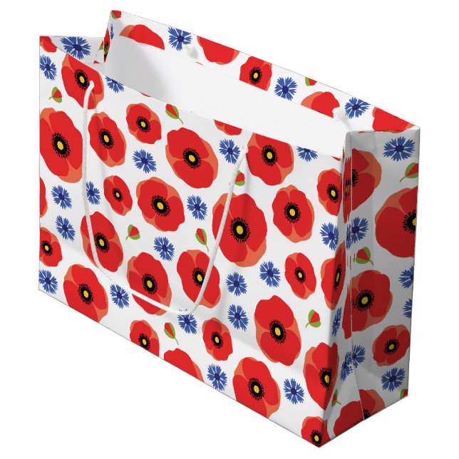 Mohn- und Kornblumenmuster Große Geschenktüte (Vorderseite Schrägansicht)