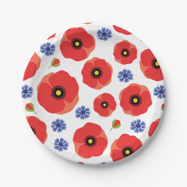 Mohn- und Kornblumenmuster Pappteller (Vorderseite)