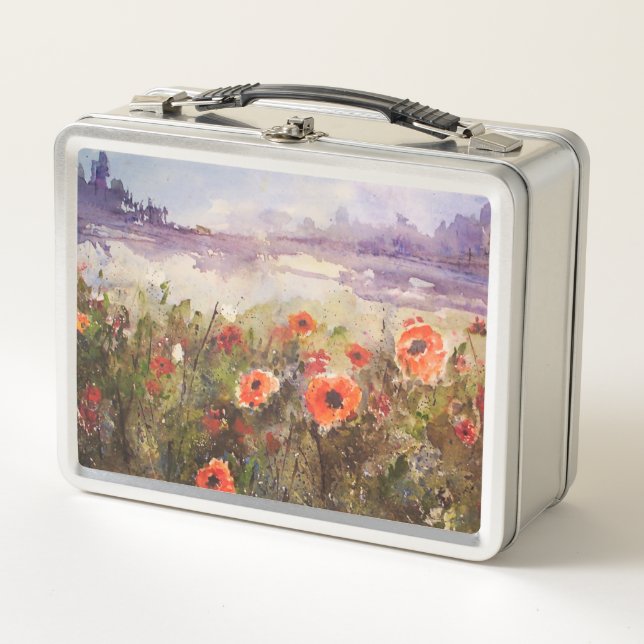 Mohn Wasserfarben-Impression Maureen Girard Metall Brotdose (Vorderseite)