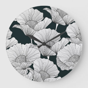 Mohnblume, Schwarz-weiße Blume. Große Wanduhr