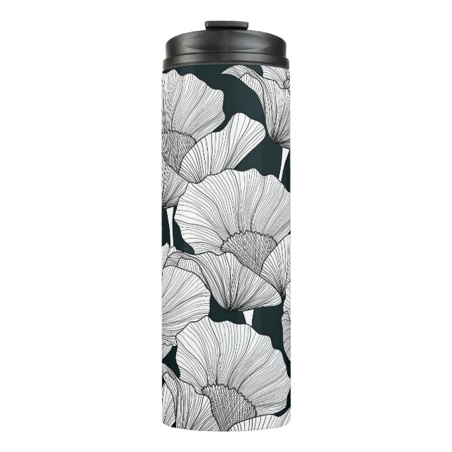 Mohnblume, Schwarz-weiße Blume. Thermosbecher (Vorderseite)
