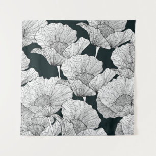 Mohnblume, Schwarz Weiße Linie. Wandteppich
