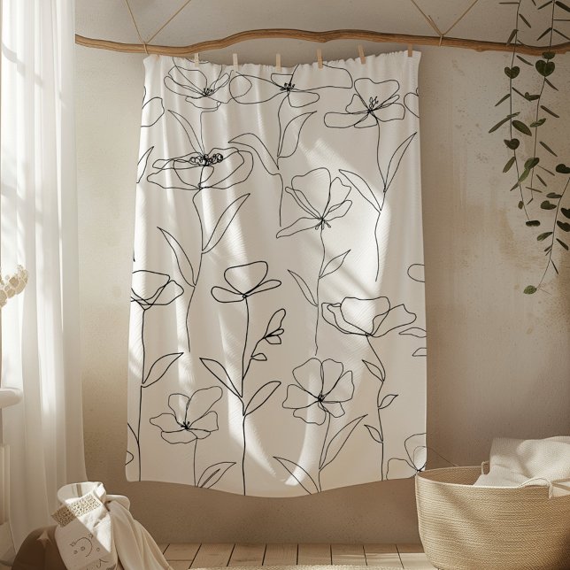 Mohnblume Wildblume Schwarz-Weiß-Minimal-Blüte Fleecedecke (In situ)