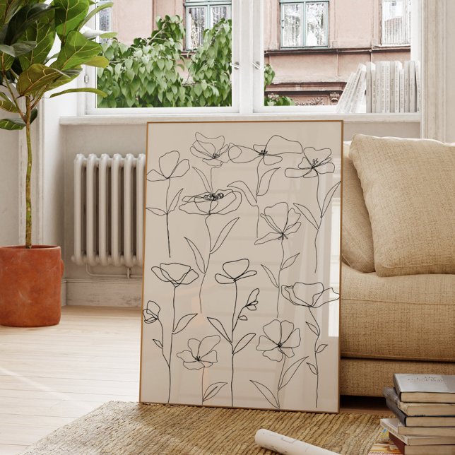 Mohnblume Wildblume Schwarz-Weiß-Minimal-Blüte Poster (In situ Living room)